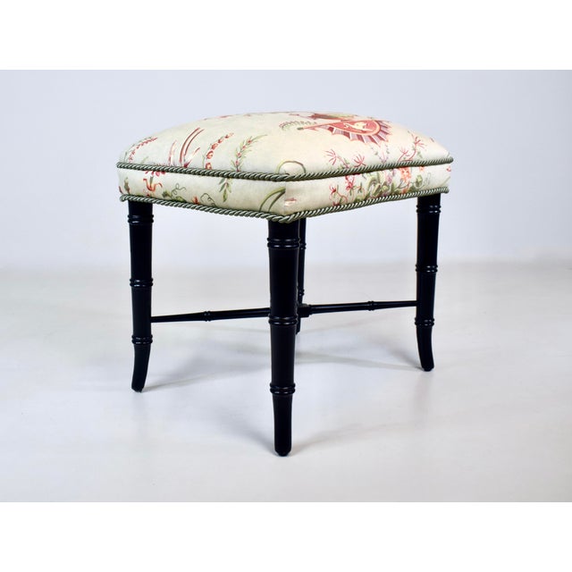 Black Vintage Pair of Faux Bamboo Ottomans Benches Stools Floral New Upholstery For Sale - Image 8 of 12