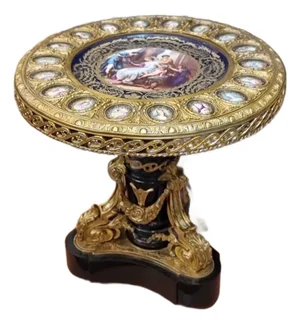 1960s Unique Royal Salon Porcelain and Gilt Bronze Round Table Hand-Painted with Classical Motifs