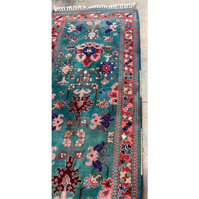 Mid-Century Hand Knotted Floral Turquoise Pink Wool Rug For Sale In Atlanta - Image 6 of 8