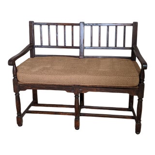 1970s Vintage French Bench With Rush Seat & Cushion For Sale