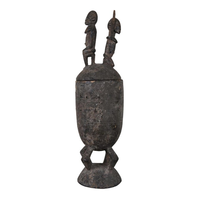Antique Early 20th Century African Mali Dogon Ceremonial Tribal Carved Container Lidded Vessel For Sale