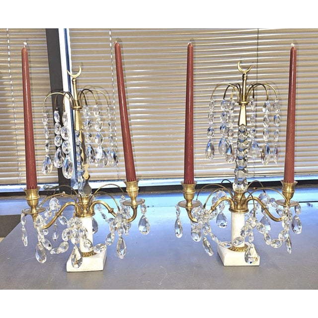 Pair of Crystal and Brass Two Light Candle Table Sconces on Marble Plinth For Sale - Image 10 of 10