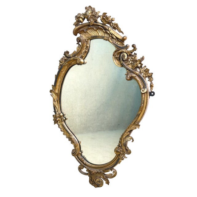 Rococo Mid-19th Century Gilt & Gesso Cartouche Form Wall Mirrors, 1850, Set of 2 For Sale - Image 3 of 14