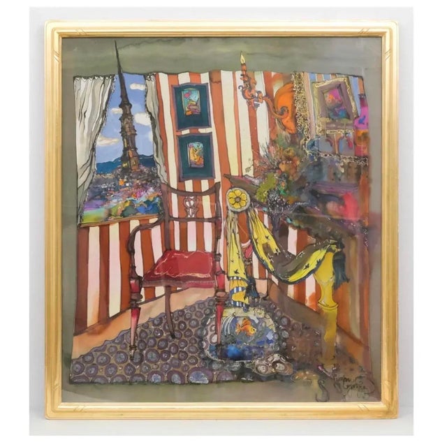 Mid Century European Water Colors Silk Painting Matisse Style Signed Multicolors For Sale - Image 10 of 10