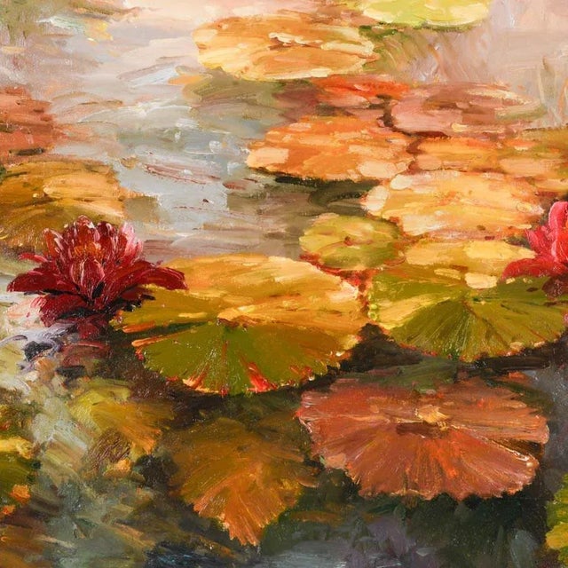 Impressionist Late 20th Century Framed Signed Vera Oxley Waterlilies Oil on Canvas For Sale - Image 3 of 12