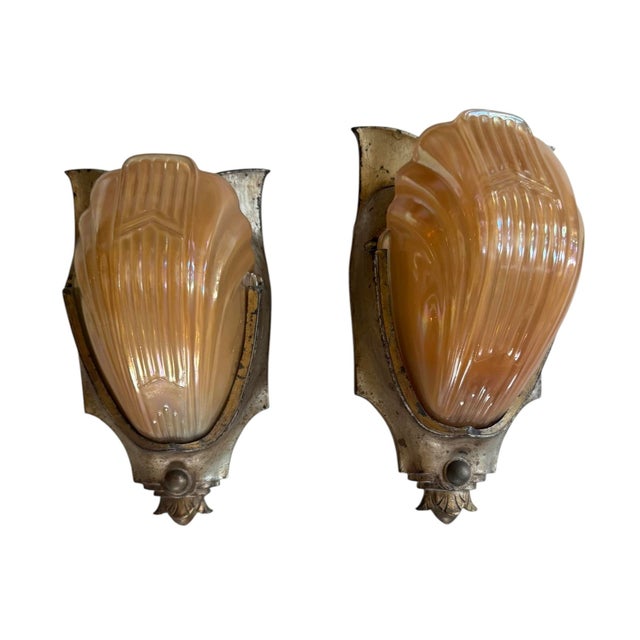 These are vintage Art Deco wall sconces likely made by Markel Lighting in the 1930s. The fixtures feature distinct Art...