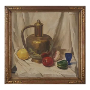 Mid Century Still Life With Brass Vessel, Fruits and Vegetables by Charles Kinghan