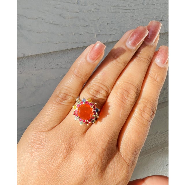 2.94 Carat Fire Opal Sapphire Diamond Yellow Gold Ring For Sale In Los Angeles - Image 6 of 6