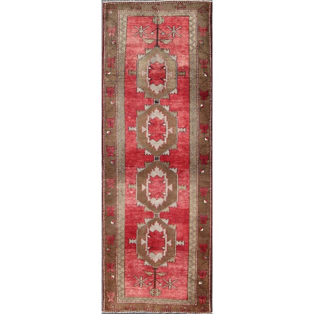 Red Vintage Turkish Oushak Medallion Runner in Soft Red, Lt. Blue, Cream 3'6 X 10' For Sale - Image 8 of 8