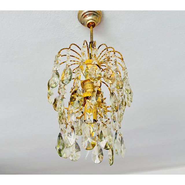 1970s French Style Hand-Painted Soft Green Crystal Waterfall Brass Chandelier For Sale - Image 4 of 9