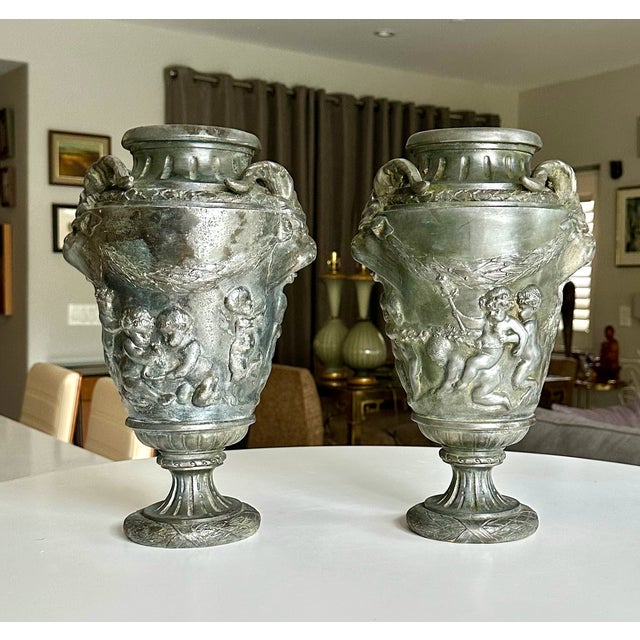 Pair French Metal Urns With Satyr and Putti For Sale In Palm Springs - Image 6 of 18