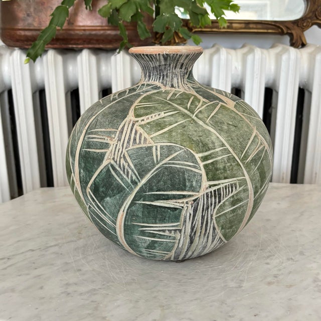 Ceramic Earthenware Pottery Vase With Leaf Design For Sale - Image 7 of 12