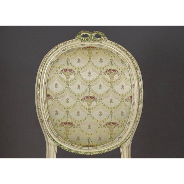 A Single French Louis XV Style Side Chair or Desk Chair Painted White With Green Accents. Floral Pattern Silk or Satin Upholstery 1930s For Sale - Image 4 of 7