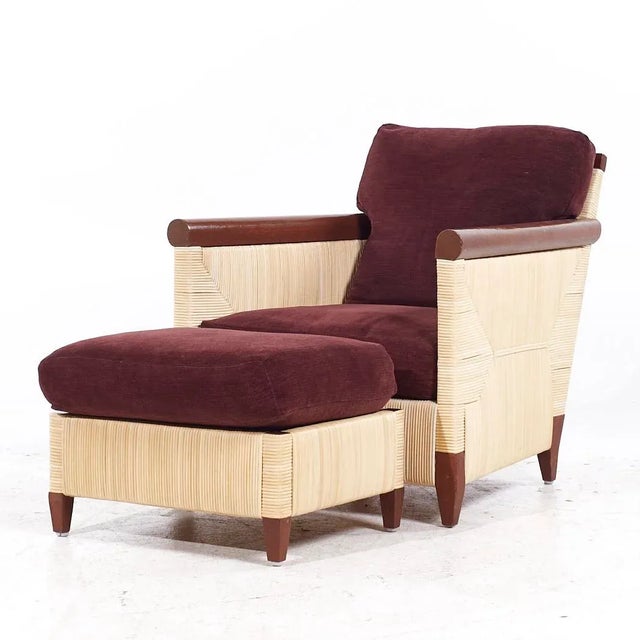 Brown John Hutton for Donghia Merbau Collection Mahogany and Rattan Club Chairs With Ottomans - Pair For Sale - Image 8 of 12