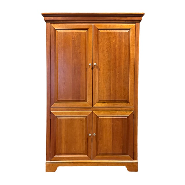 Stanley Furniture 1990s Stanley Furniture Entertainment Armoire - 80" Tall Oak Media Cabinet With Sliding Doors, Built-in Outlets & Tv Cutout, Excellent Condition For Sale - Image 4 of 8