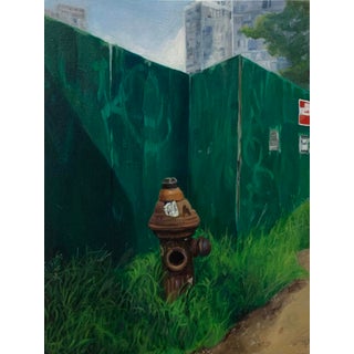 Fortitude by Jodi Gerbi | Oil on panel Oil painting of a fire hydrant beside a green construction fence. For Sale