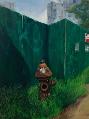 Fortitude by Jodi Gerbi | Oil on panel Oil painting of a fire hydrant beside a green construction fence.