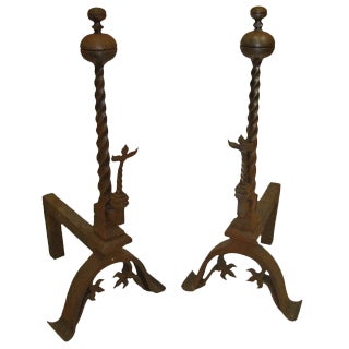 19th Century Decorative Rust Wrought Iron Andirons or Chenets - a Pair For Sale