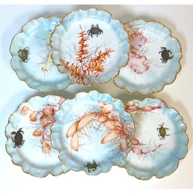 Set of six Haviland Limoges Aesthetic Movement crab plates, hand-painted and individually signed J.E. Meyers and dated ’93...