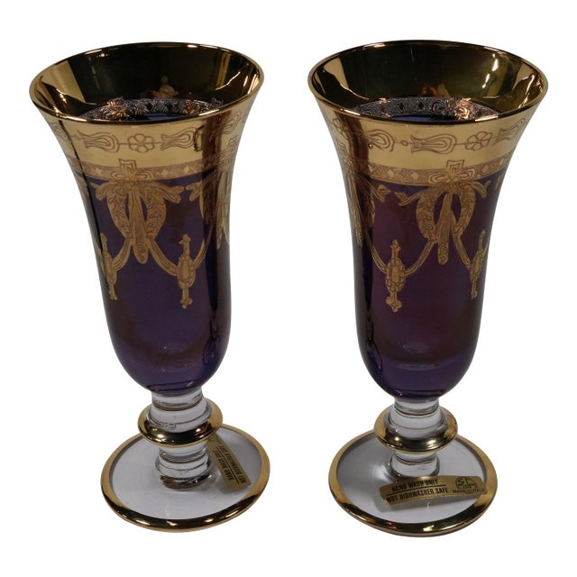Vintage Amethyst Arte Italica Gold Etched Rim Iced Tea Glasses - Set of 2 For Sale