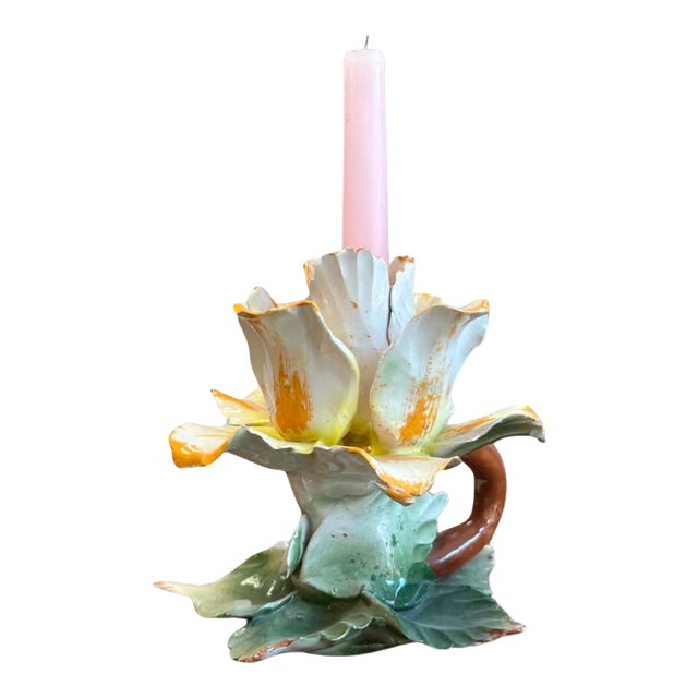 Vintage Majolica Style Ceramic Flower Candlestick Holder For Sale