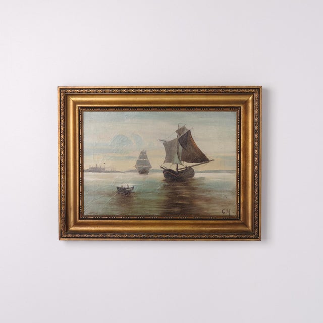 Marine painting depicting three sailing ships positioned off kronborg castle from around the 1890s. The painting is...