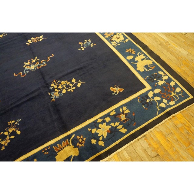 1920s 1920s Floral Chinese Square Peking Antique Navy Blue Allover Knotted Wool Rug For Sale - Image 5 of 10