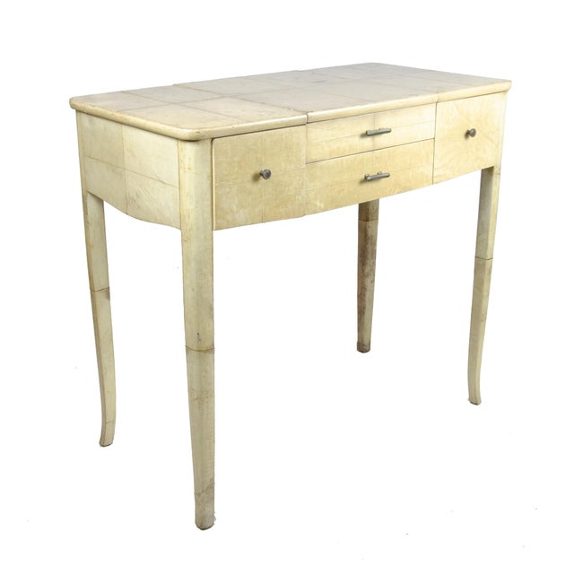 Mid-Century Modern 1930s Scandinavian Modern Parchment-Covered Wood Convertible Vanity Table/Poudreuse With Lift-Top Mirror by Nordiska Kompaniet, Sweden For Sale - Image 3 of 11