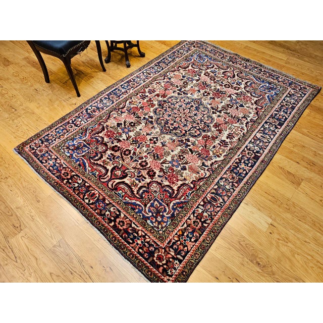 Vintage Persian Malayer Rug, Hand-Knotted Wool, Floral Pattern, 5x7, Ivory & Navy For Sale - Image 14 of 18