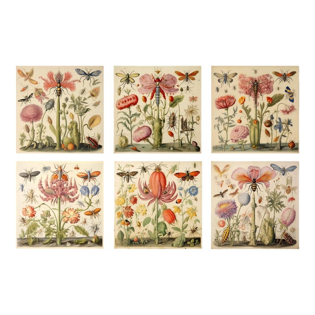 Set of 6 - 54" X 36" Gallery Wall Installation 'Insects and Flowers' Botanical Floral Prints, Unframed For Sale
