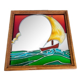 Vintage 1977 Artglas Stained Glass Framed Mirror With Sailboat For Sale