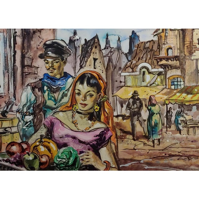 Frank Howard Bowers -Young Couple at the French Market -Painting 1954 For Sale - Image 4 of 10