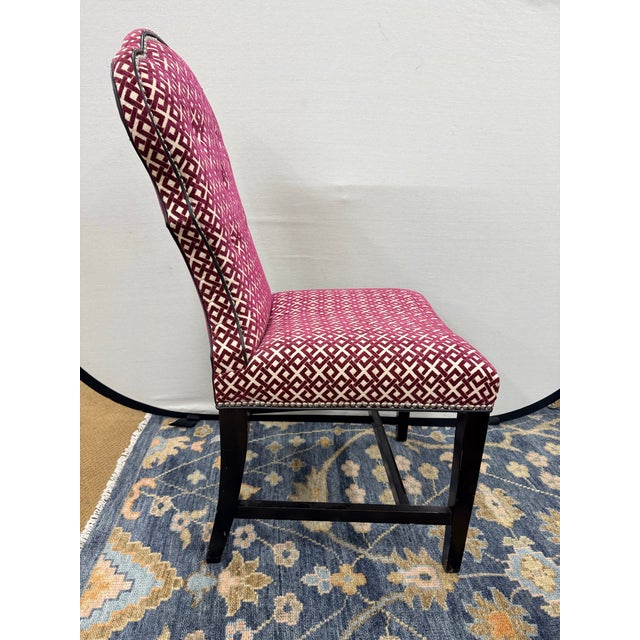 Set of 4 Custom Upholstered Burgundy Geometric Velvet Dining Chairs For Sale In New York - Image 6 of 8