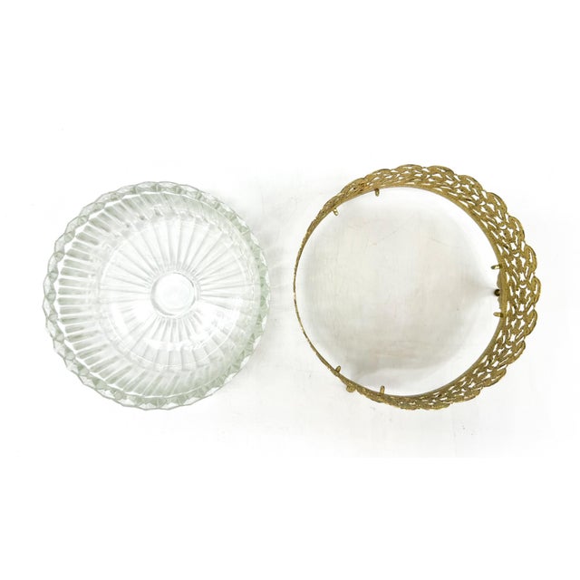 Metal Vintage Hollywood Regency Gold-Tone Filigree & Glass Footed Dish — Candy / Nut Bowl / Vide Poche For Sale - Image 7 of 15