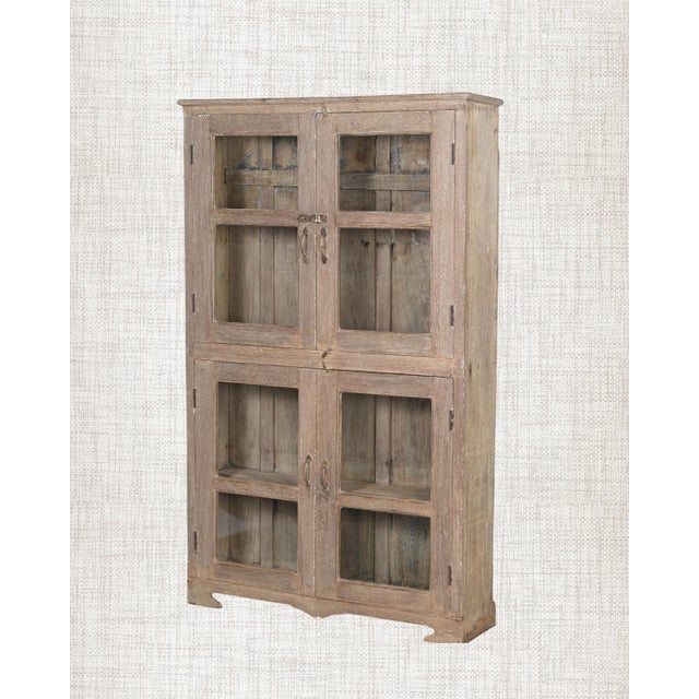1930s Vintage Indian Glass Armoire | Antique Bleached Wood Cabinet | Wabi Sabi Display Cabinet | Rustic Home Decor For Sale - Image 5 of 6