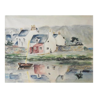 Mid 20th Century Seaside Village Watercolor Painting For Sale