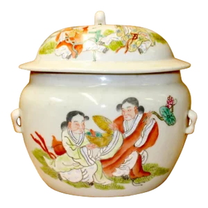 Chinese Distressed Off White Porcelain People Scenery Round Jar
