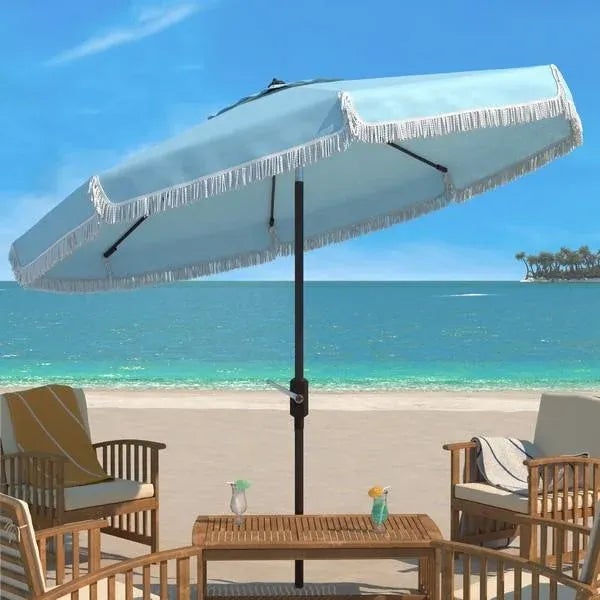 Summer afternoons at Mayfair’s exclusive private member’s club inspired this posh nine-foot crank umbrella. Its soft blue...