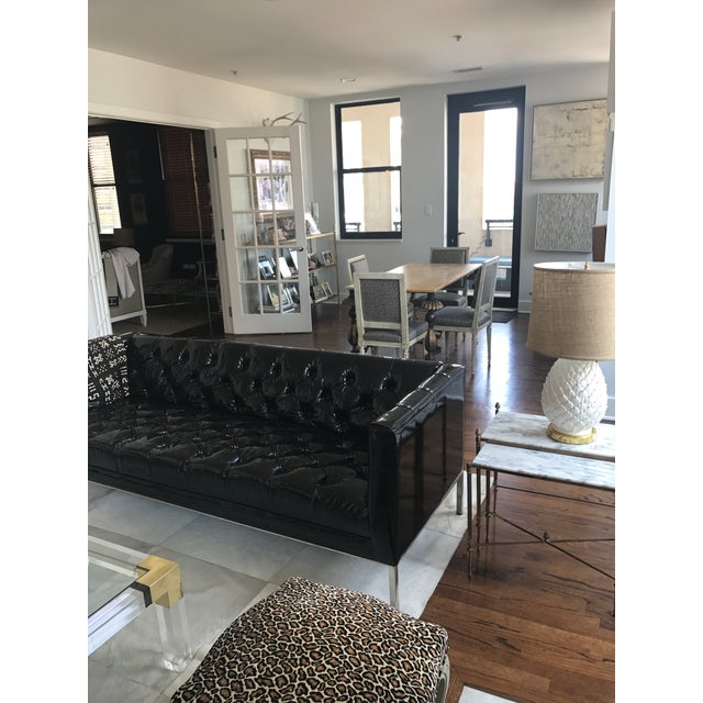 Custom Edelman Black Patent Leather Tufted Tuxedo Sofa For Sale - Image 11 of 14