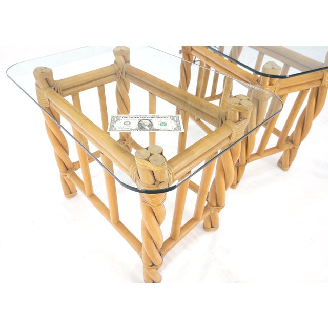 Pair Decorative Twisted Rattan Rectangle End Side Tables Night Stands Rounded 0.5" Glass Tops MINT!