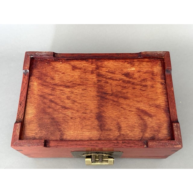 1980s Chinese Asian Wooden Jewelry Box Brass Red Lined Trinket Chest W/Key + Lock Vintage For Sale - Image 5 of 18