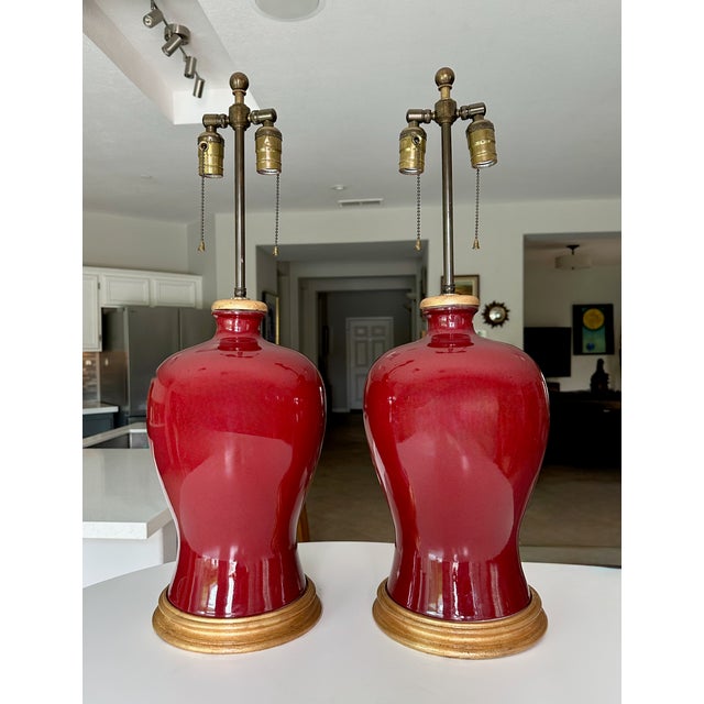 Asian 1960s Pair Asian Sang De Boeuf Oxblood Meiping Porcelain Table Lamps For Sale - Image 3 of 18
