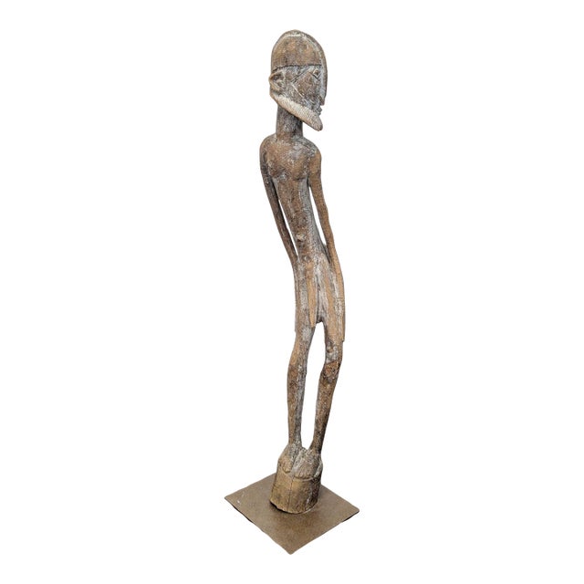 Monumental Hand-Carved African Style Wood Figure Sculpture on Metal Base For Sale