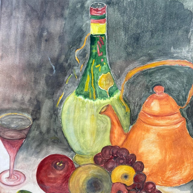 Traditional Vintage Original French Country Still Life Watercolor Fruit Wine Copper Pot For Sale - Image 3 of 9