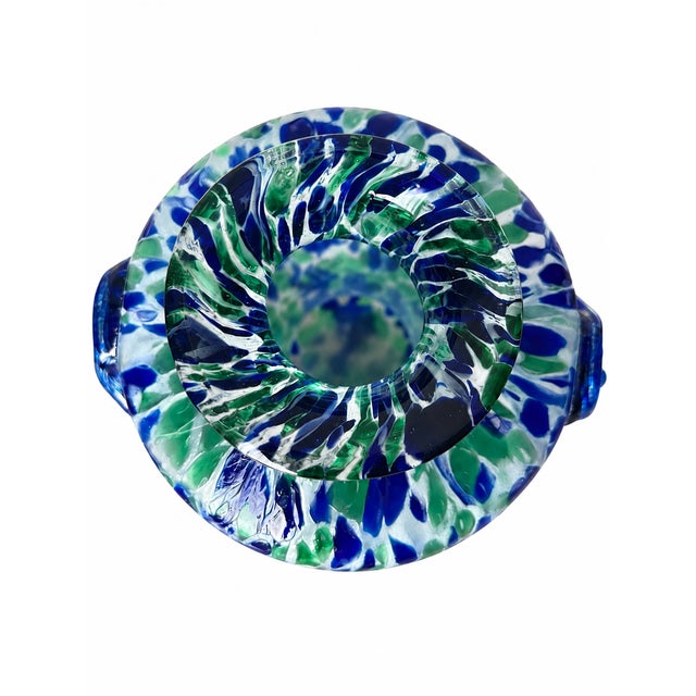 Blue and Green Spatter Art Glass Vase With Cobalt Scroll Handles For Sale - Image 12 of 15