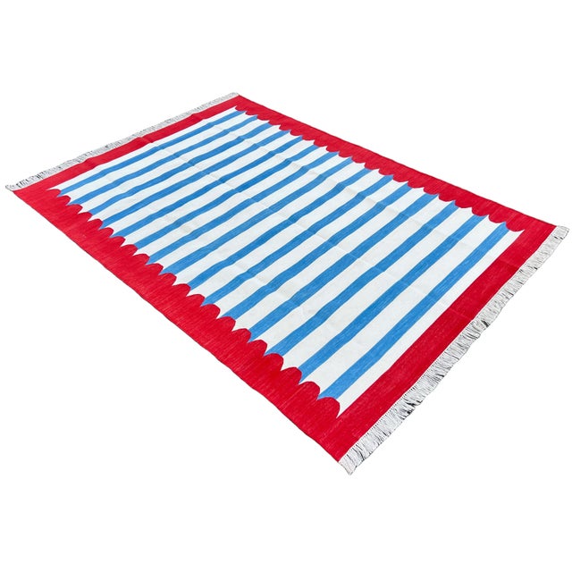 Handmade Cotton Area Rug, Blue and White Striped Scalloped Rug With Red Border - 5'x8' For Sale - Image 11 of 13