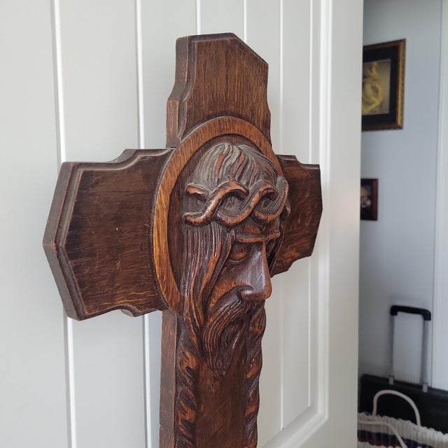 Antique Art Deco Hand Carved Oak Crucifix Face of Jesus Wall Cross 25" Tall For Sale - Image 10 of 18