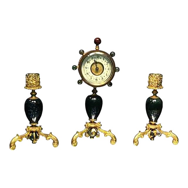 Antique Semiprecious Stone and Doré Bronze Clock and Candlesticks - Set of 3 For Sale
