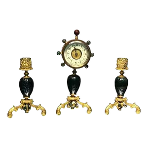 Antique Semiprecious Stone and Doré Bronze Clock and Candlesticks - Set of 3