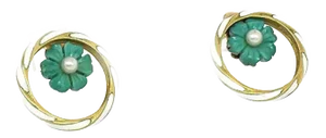 Enamel & Pearls 14k Yellow Gold Floral Circle Earrings - 2 Pieces